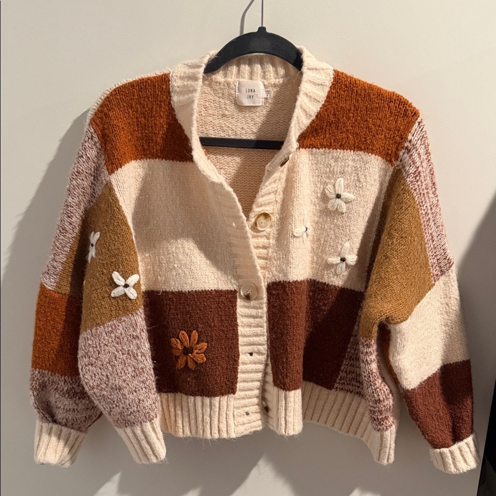 Cozy Colorblock Cardigan - Cream, Brown, burnt orange